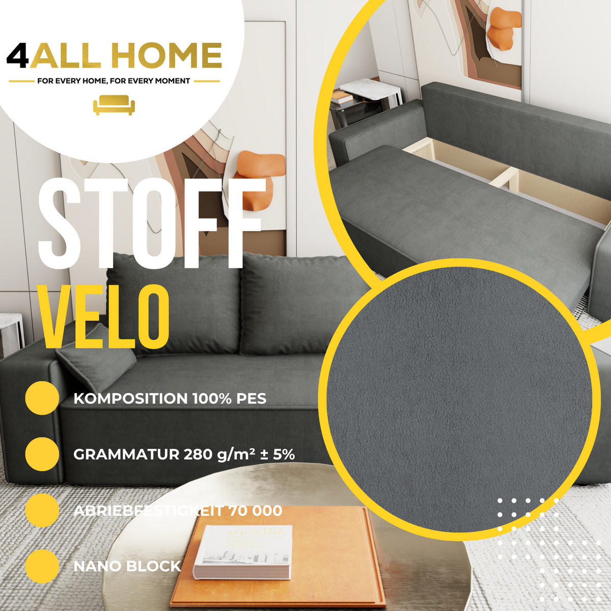 SOFA Veno mit Bettkasten und Schlaffunktion, Velourstoff - Graphitfarben, Holzwerkstoff (242/85/95cm)