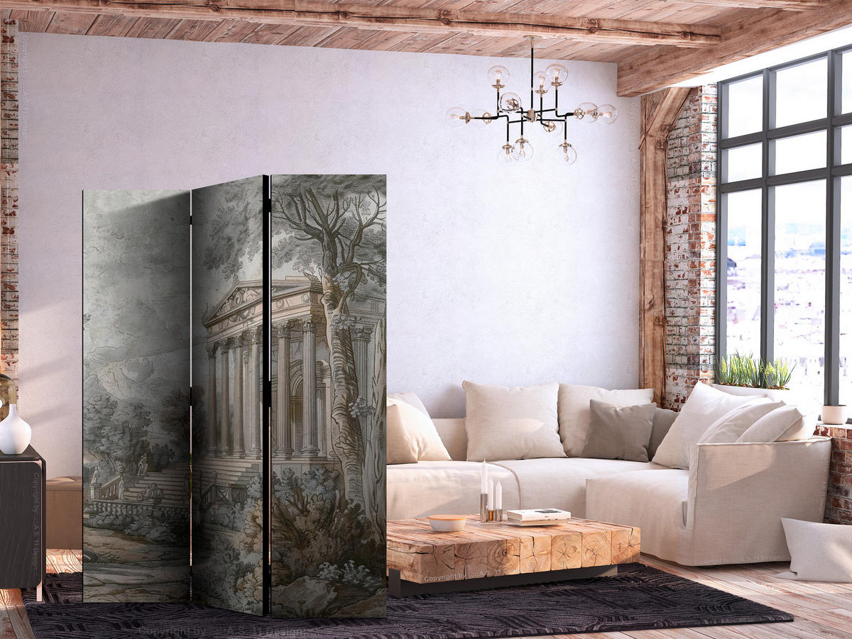 PARAVENT Einseitig Bedruckter 3-tlg 135x172 cm Griechischer Tempel - Grau, Holz/Textil (135/172/3cm) - Muralo
