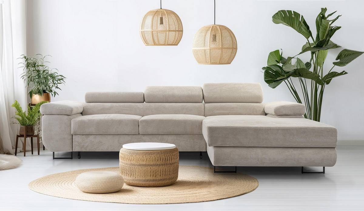 ECKSOFA NOLA Beige L - Rechts Cord - Beige/Schwarz, Textil/Metall (280/203cm) - Luxkor24