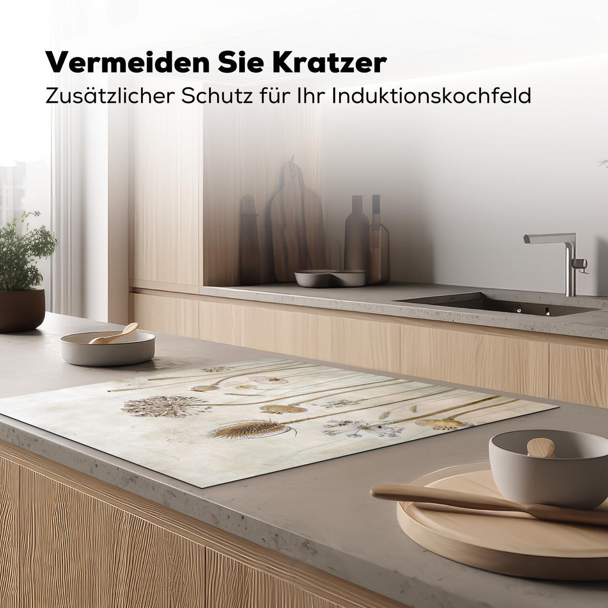 HERDABDECKPLATTE Blumen - Aquarell - Stilleben - Braun - Vintage Induktionsmatte 78x78 cm - Sandfarben, Kunststoff (78/78/0.2cm) - MuchoWow