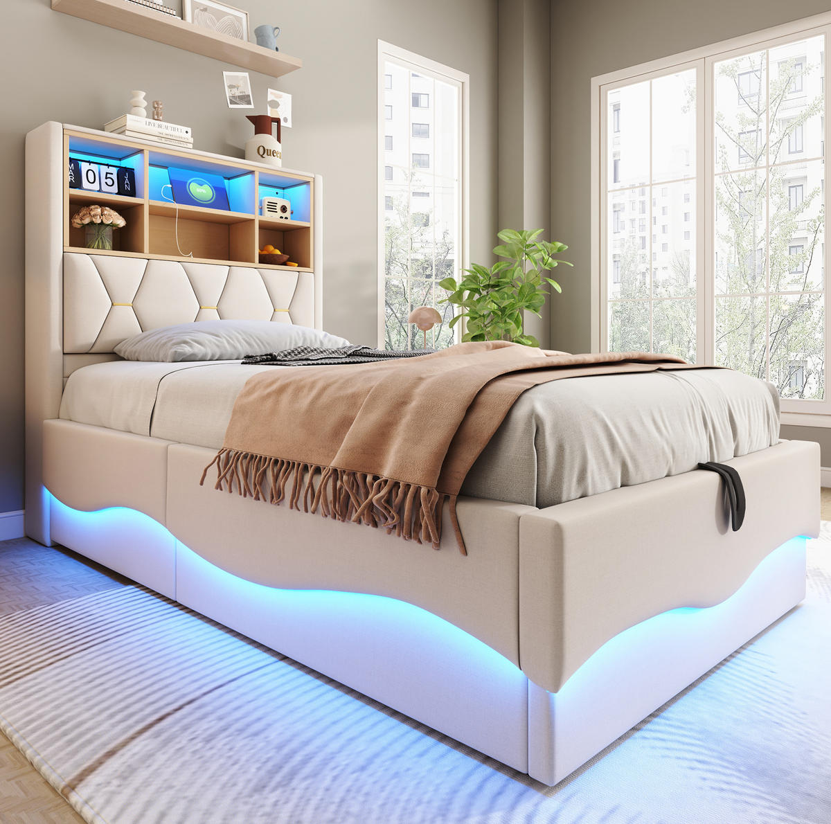 KINDERBETT 90/200 cm in Beige mit Stauraum, LED-Beleuchtung und USB-Anschluss - Beige, Metall (90/200cm) - Flora Grace