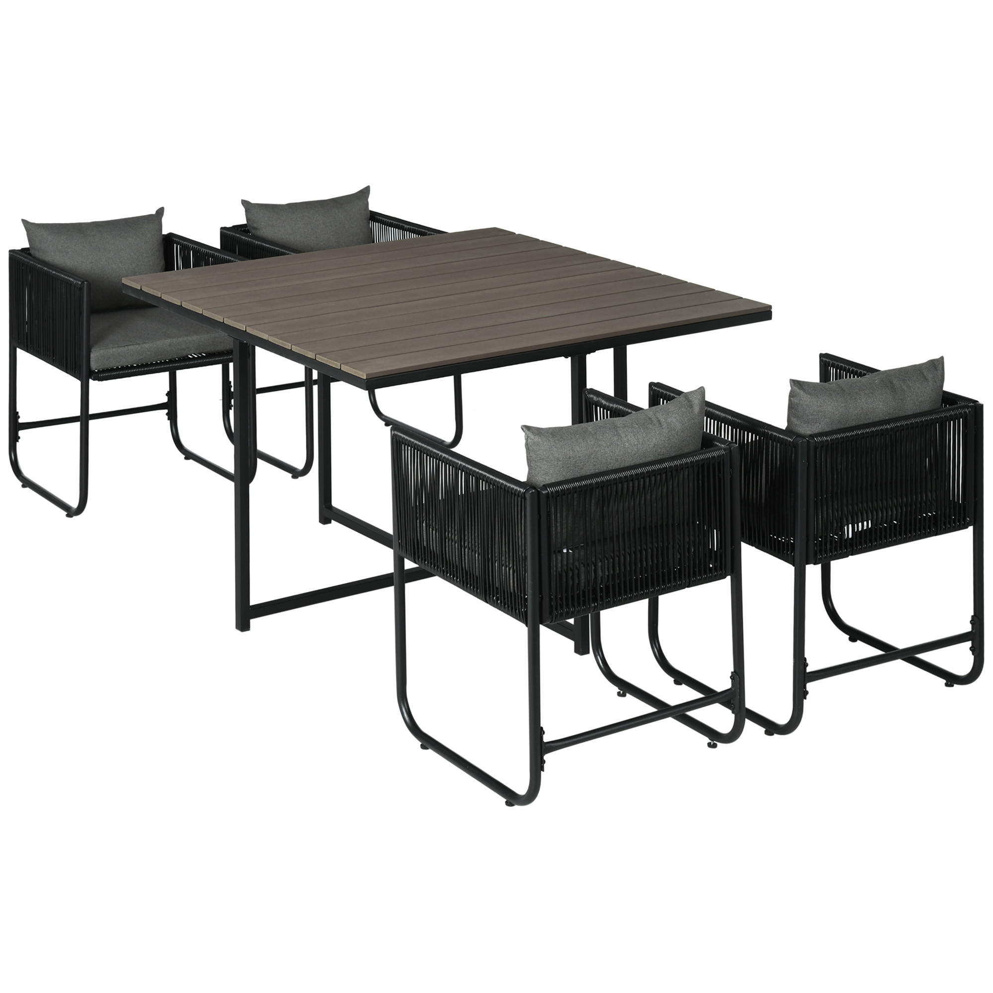 ESSTISCH mit 4 Stühlen, 5-tlg. Polyrattan Gartenmöbel Set, Gartensitzgruppe, Grau - Grau, Kunststoff - Outsunny