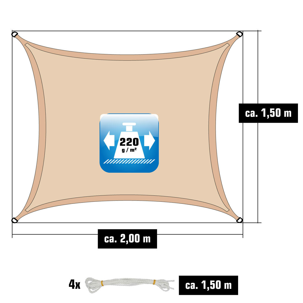 UV-SONNENSEGEL 1,5/2 m, Viereckig, Wasserdurchlässig, Beige - Beige, Kunststoff (150/200cm) - Amanka