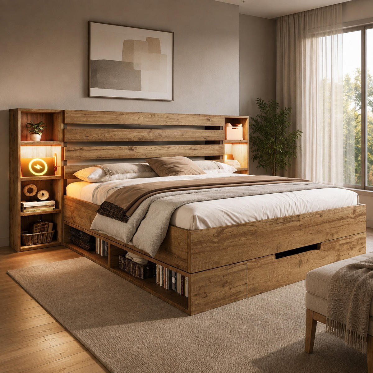 BETT 180/200 mit LED, Schubladen und USB-C in Eiche - Eichefarben, Holzwerkstoff/Metall (180/200cm) - EVRYAE