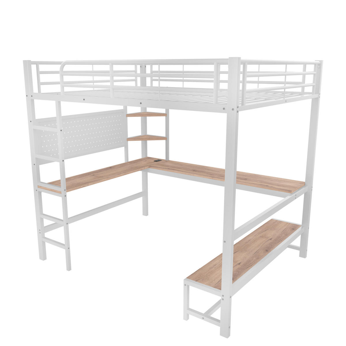 HOCHBETT 140/200 cm in Weiß mit Schreibtisch, LED-Beleuchtung und USB- und Type-C-Anschlüssen - Weiß, Metall (140/200cm) - Flora Grace