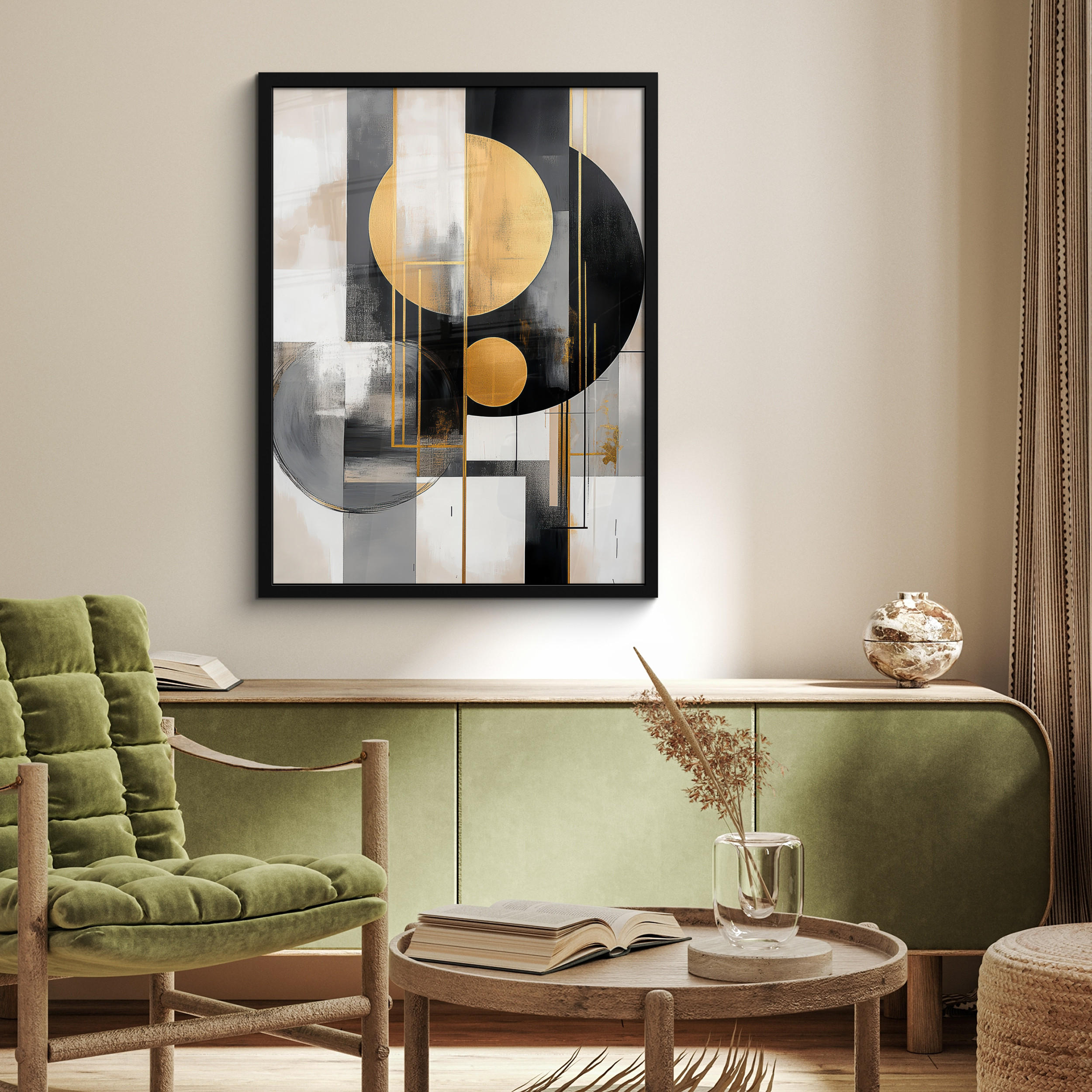 GERAHMTES BILD Abstrakt - Gold - Silber - Formen - Ästhetisch - Modern 60x80 cm - Goldfarben, Papier (60/80cm) - MuchoWow