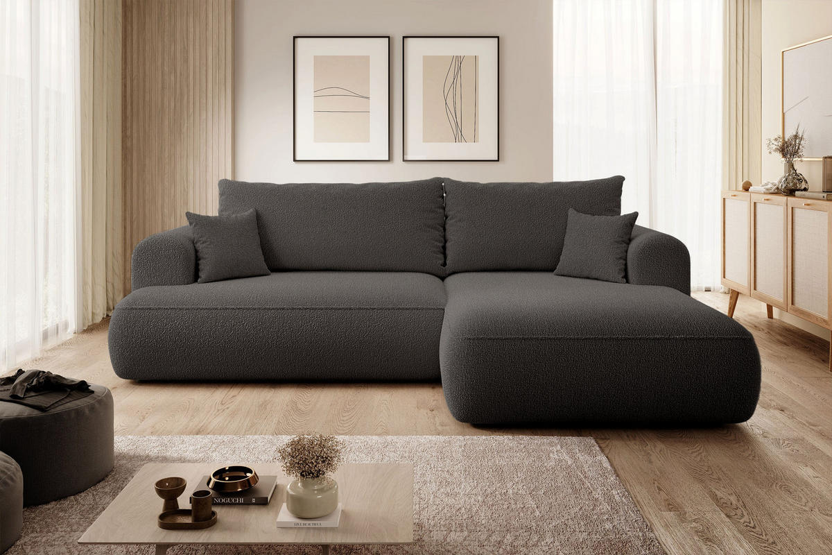ECKSOFA Ovo Dunkelgrau Boucle - Dunkelgrau/Schwarz, Kunststoff/Textil (260/165cm) - Selsey