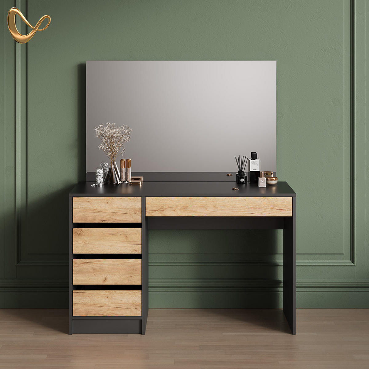 SCHMINKTISCH Imola Anthrazit/Goldkraft Eiche 120 cm - Anthrazit/Eiche Wotan, Holzwerkstoff (120/75/55cm) - Livinity®