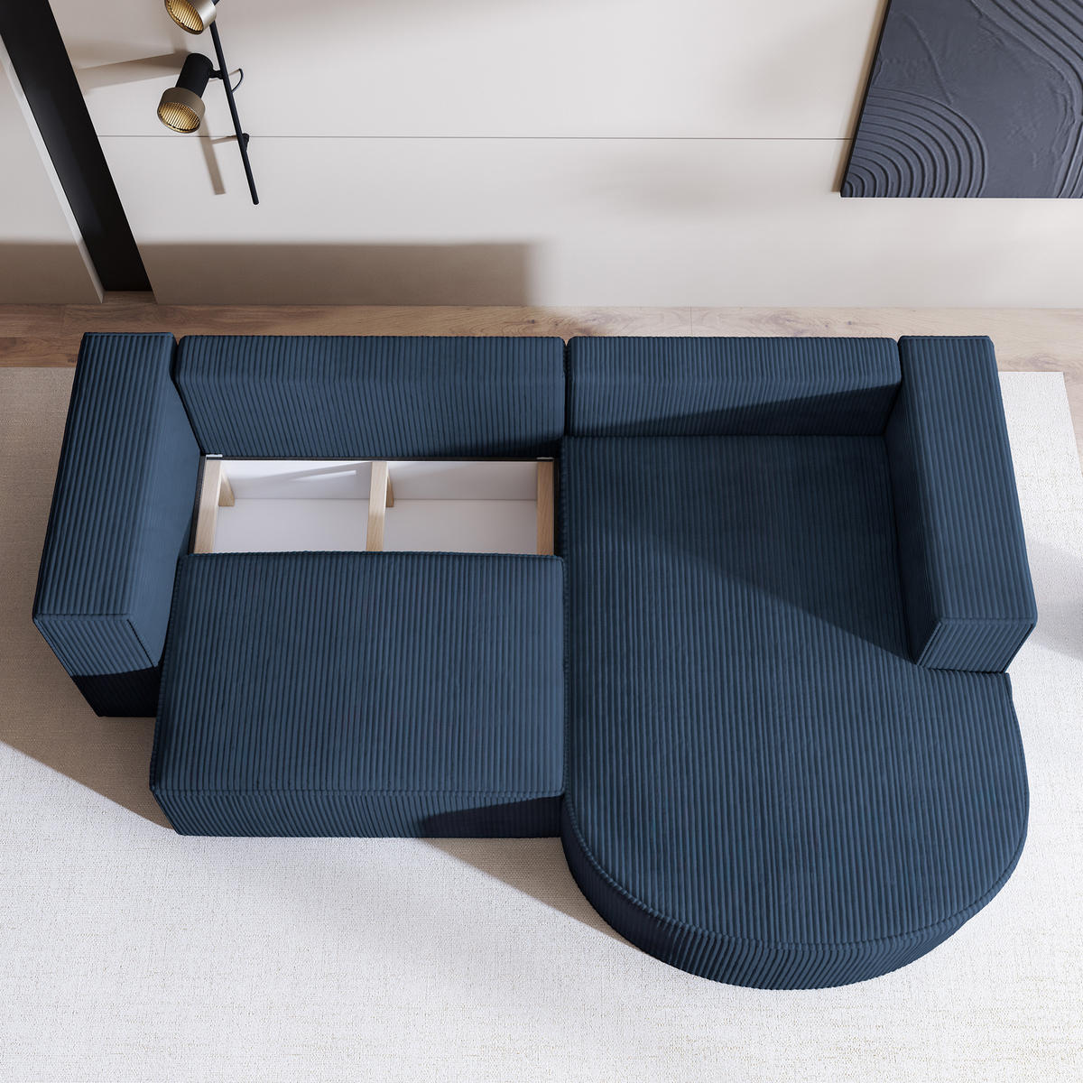 ECKSOFA SORELA P R-S Blau Kordstoff mit Schlaffunktion - Blau, Holz (263/174cm) - MASSENO