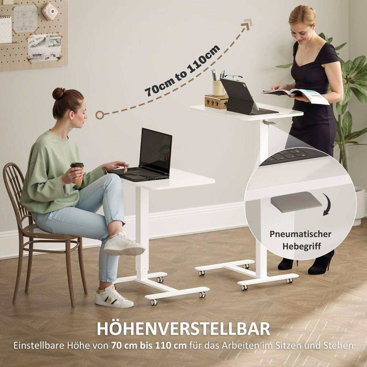 HÖHENVERSTELLBAR Steh-Sitz C-förmig Schreibtisch für Arbeitszimmer Weiß - Weiß, Holz (65/48/110cm) - HOMCOM
