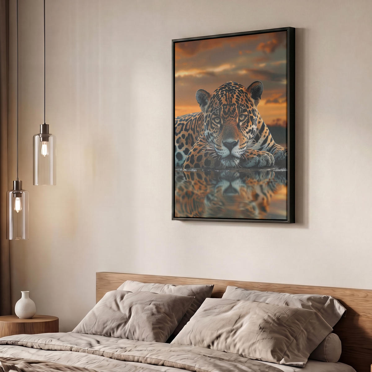 LEINWAND Bilder mit Rahmen - Natur - Leopard - Tier - Sonnenuntergang - Modern - 50x70 - Orange, Textil (50/70cm) - MuchoWow
