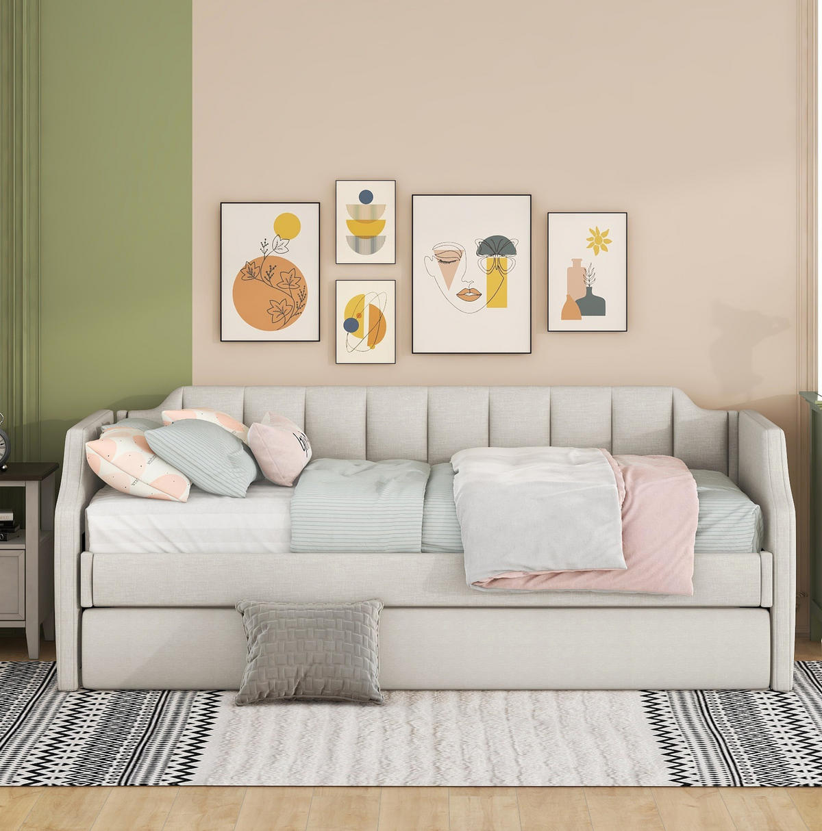 POLSTERBETT 90/200 cm mit Rollbett in Beige – gepolstertes Tagesbett - Beige, Textil (90/200cm) - BEAOK