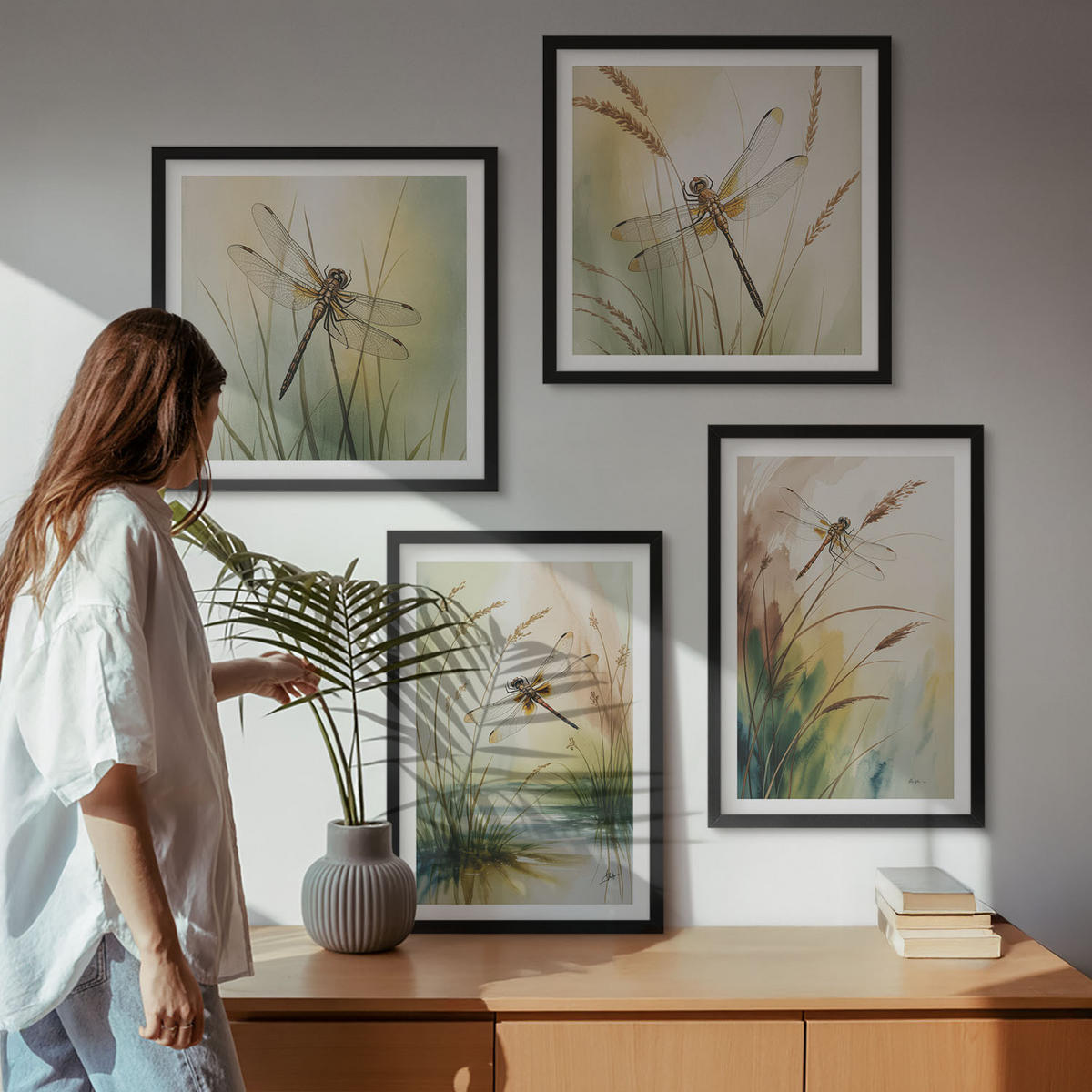 BILDER SET 4er Set - 50x50 cm & 40x60 cm Schwarzer Rahmen - Libellen im Gras, Wassermalerei - Schwarz, Kunststoff (50/50cm) - TULUP