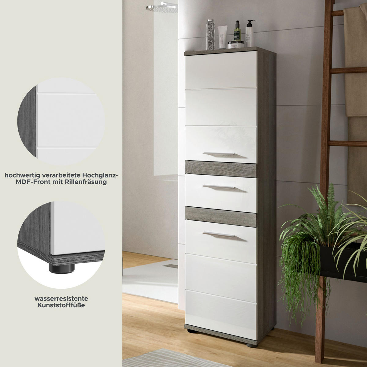 STANDSCHRANK Blake Bad in Rauchsilber Nachbildung und weiß hochglanz B/H/T: 35x137x31 cm - Anthrazit, Holz (35/137/31cm)