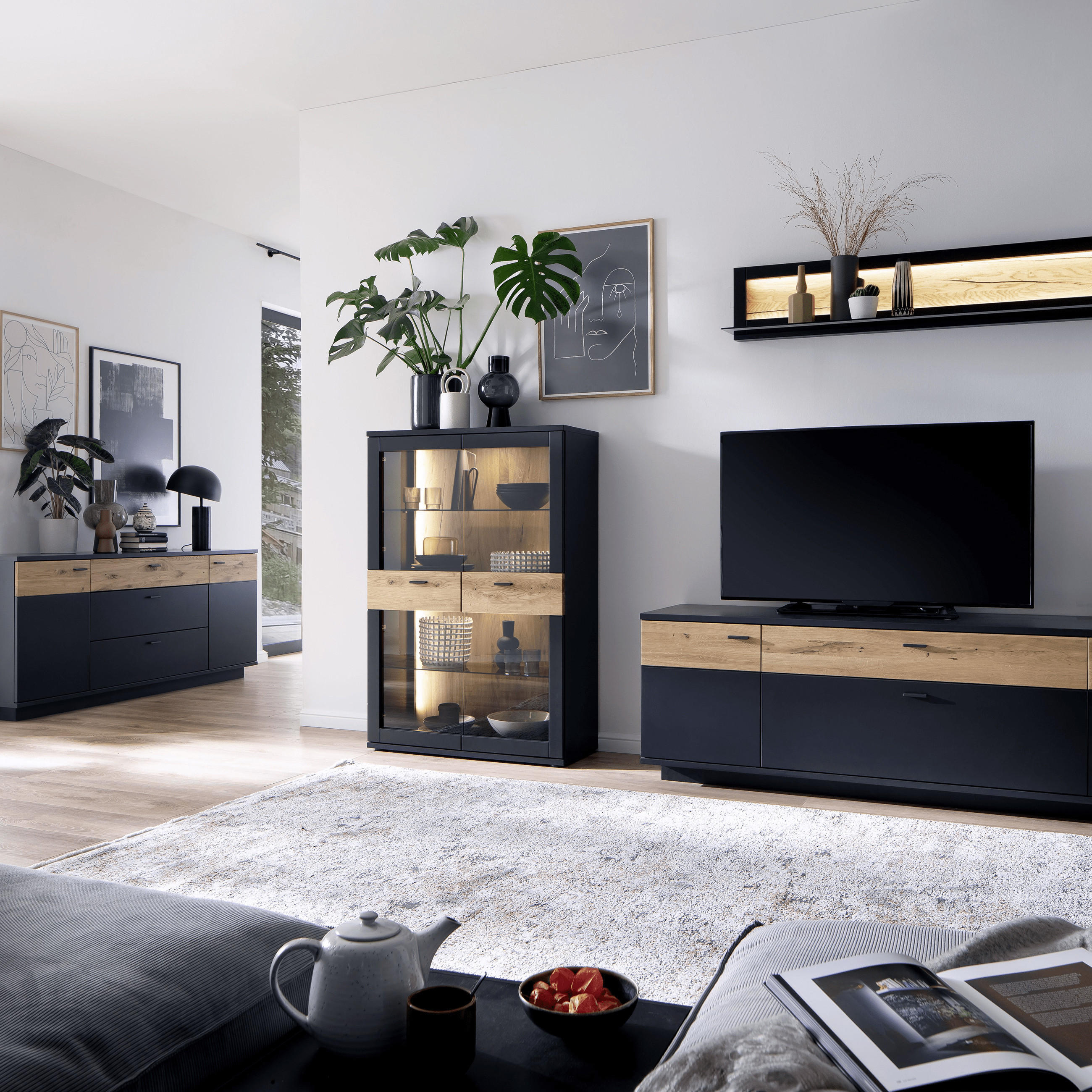 mobilier living negru cu stejar 