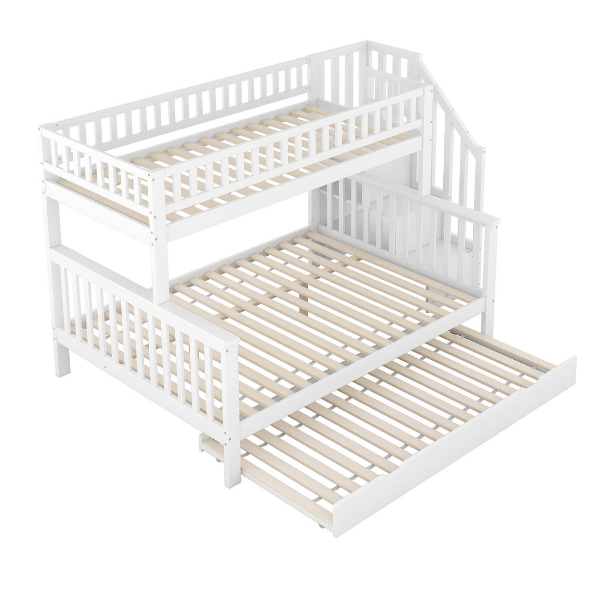 ETAGENBETT 90/200/140/200 cm Weiß mit Rollbett und Treppe - Weiß, Holz (90/200cm) - OKWISH
