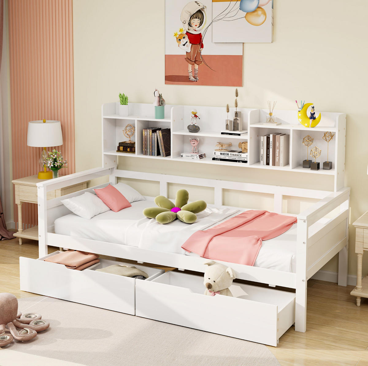 KINDERBETT 90/200 cm als Schlafsofa mit 2 Schubladen, Seitenregalen und Lattenrost, Weiß - Weiß, Holzwerkstoff (90/200cm) - Redom