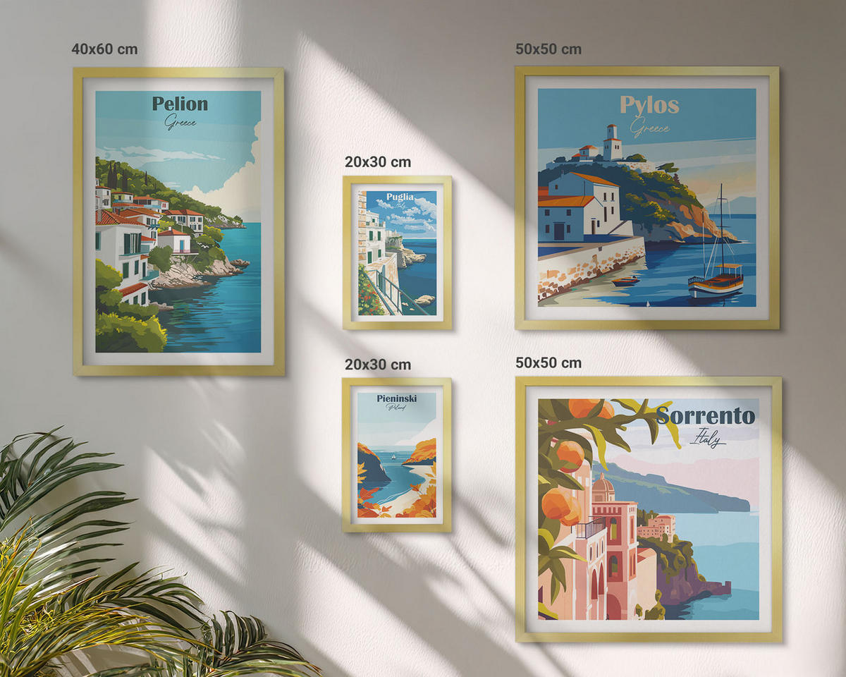 BILDER SET 5er Set - 50x50 cm & 20x30 cm & 40x60 cm Goldrahmen - Farbenfrohe Illustrationen von Retro-Städten - Goldfarben, Kunststoff (40/60cm) - TULUP