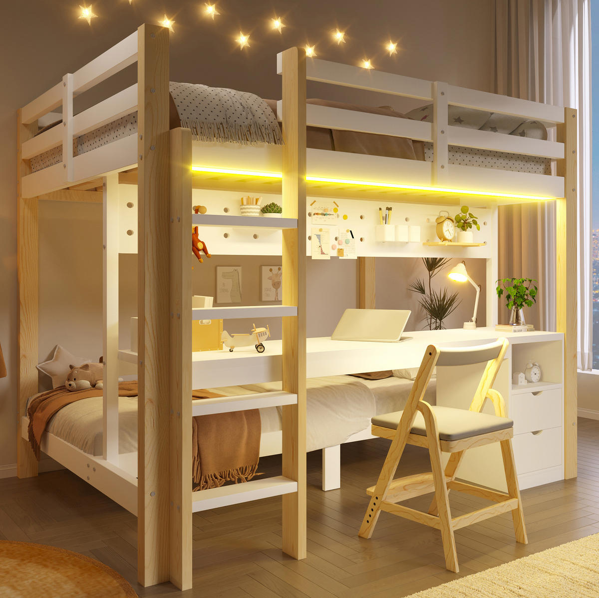HOCHBETT 140/200 cm aus Kiefernholz mit Schreibtisch, Natur/Weiß - Naturfarben, Holz (140/200cm) - OKMYHOME