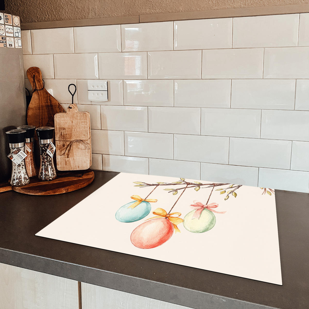 HERDABDECKPLATTE Osterkuchen - Schleife - Eier Herdabdeckung Induktionsfeld 65x52 cm - Creme, Kunststoff (65/52/0.2cm) - MuchoWow