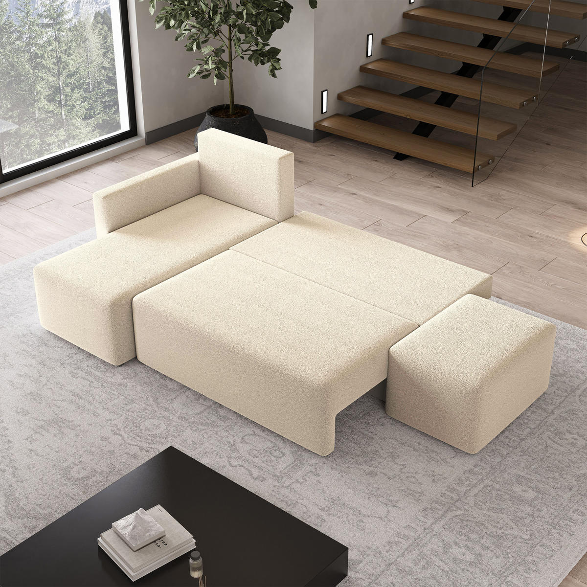 ECKSOFA VELOTTI L-S Creme Boucle-Stoff mit Schlaffunktion - Creme, Holz (261/143cm) - MASSENO
