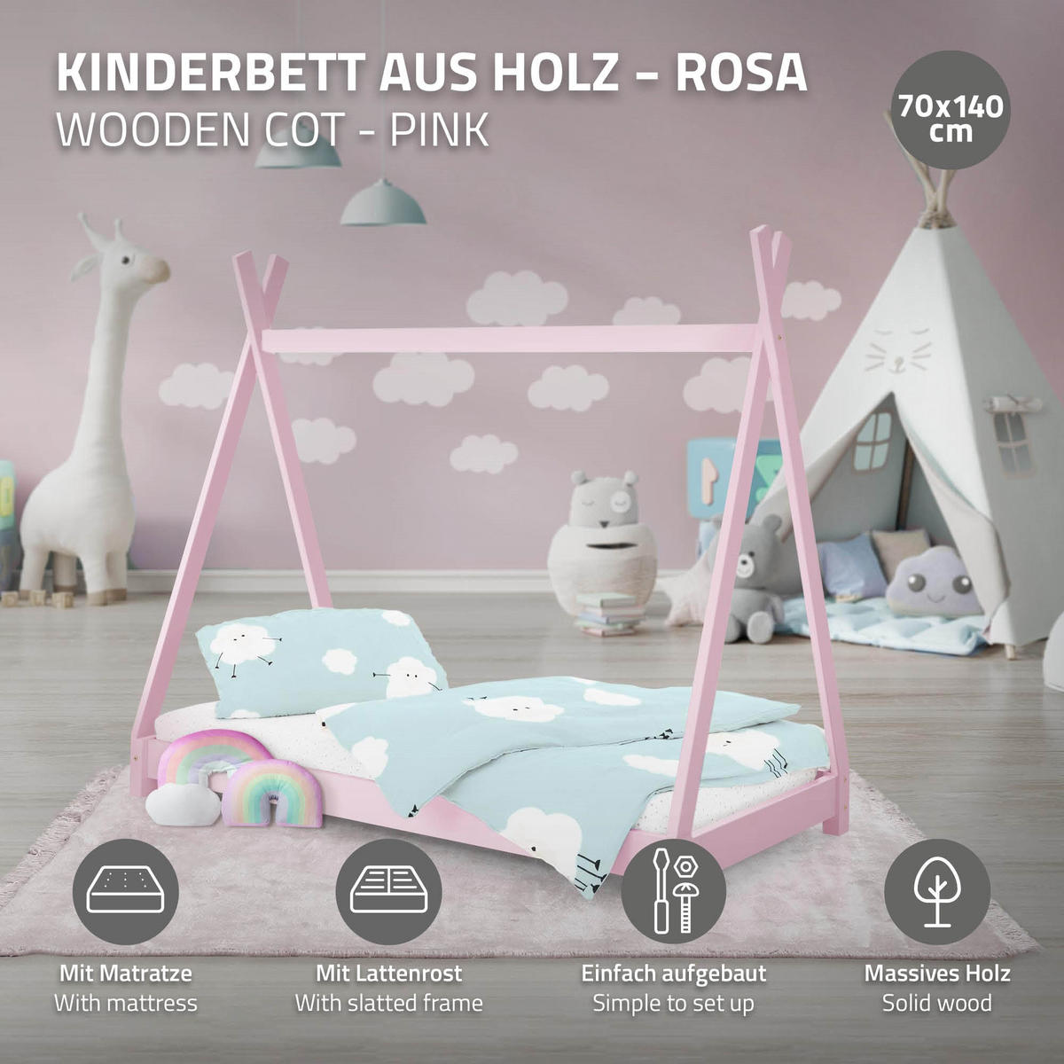 KINDERBETT Tipi mit Matratze 70x140 cm Rosa - Pink, Holz (70/140cm) - ML-DESIGN