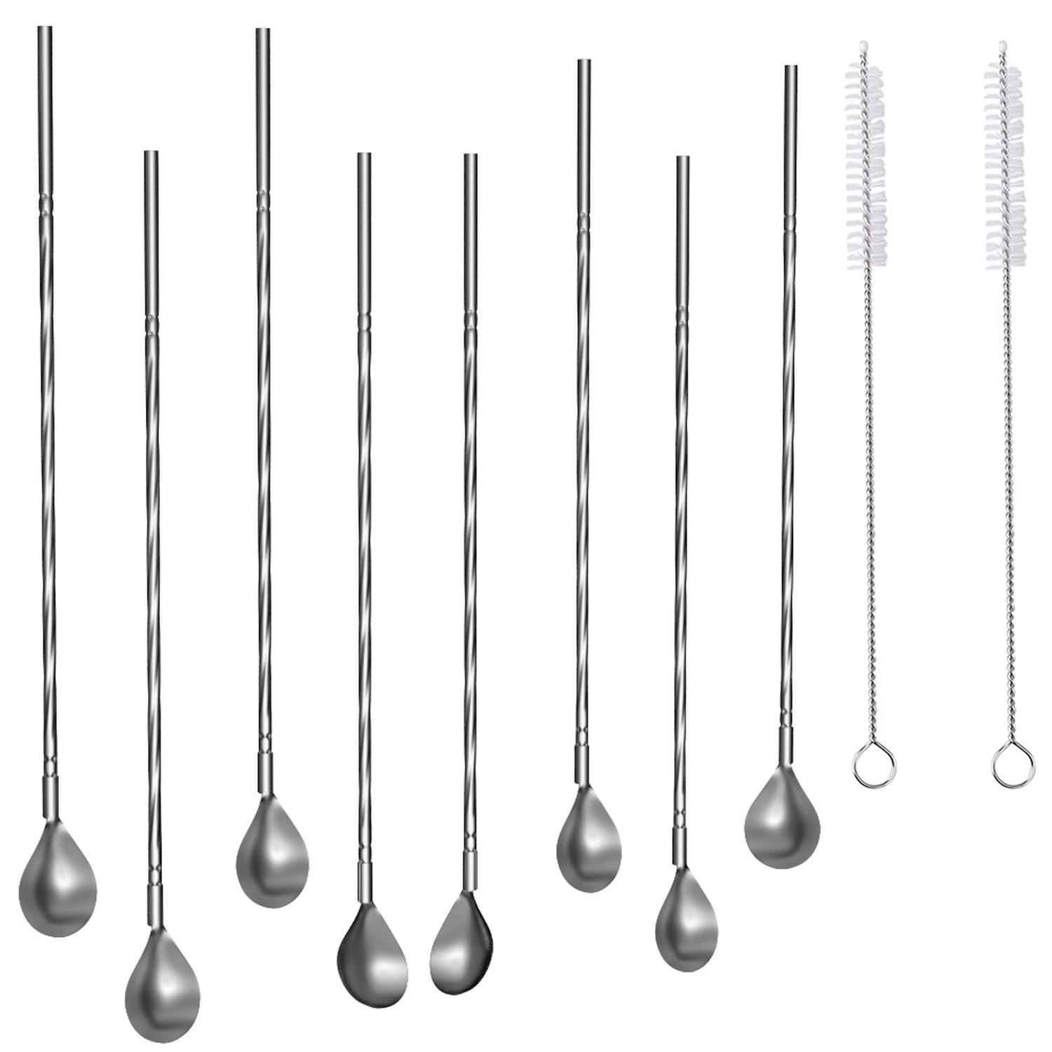 STROHHALMLÖFFEL 19 cm mit Reinigungsbürste und Tasche - Silberfarben, Metall - Intirilife