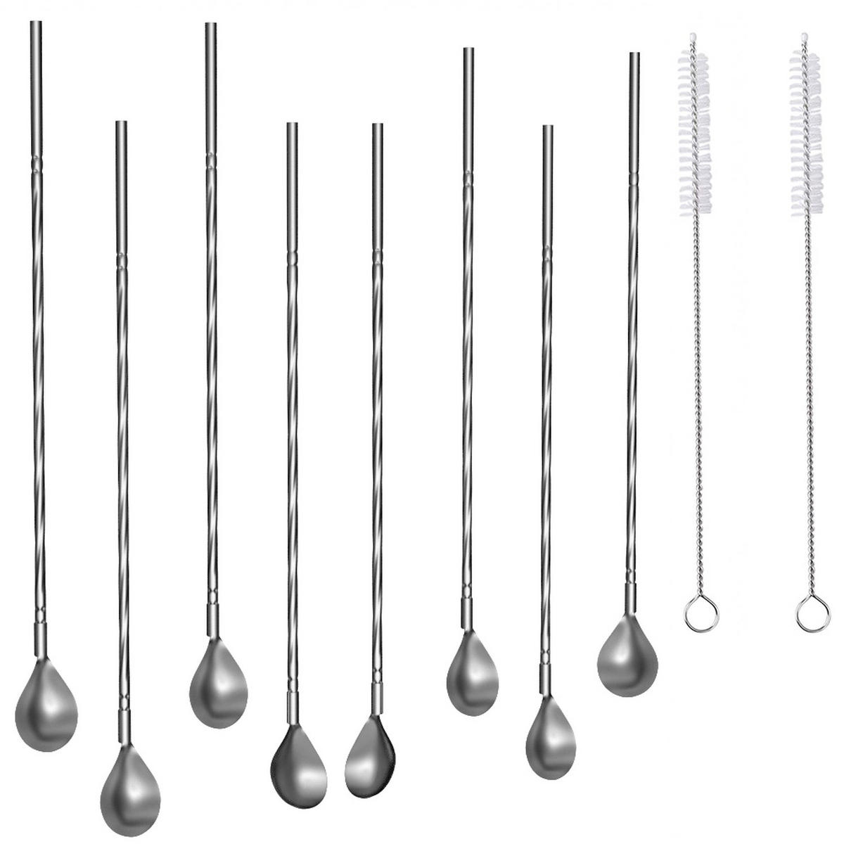STROHHALMLÖFFEL 19 cm mit Reinigungsbürste und Tasche - Silberfarben, Metall - Intirilife