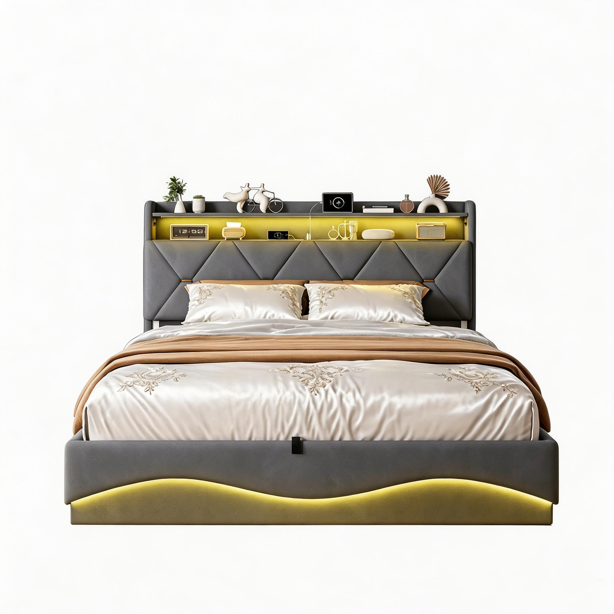 POLSTERBETT 160 x 200, Doppelbett mit Bettkasten und Lattenrost, Kopfteil, LED, USB, Samt, grau - Grau, Holzwerkstoff/Textil (160/200cm) - GENKI LIVING