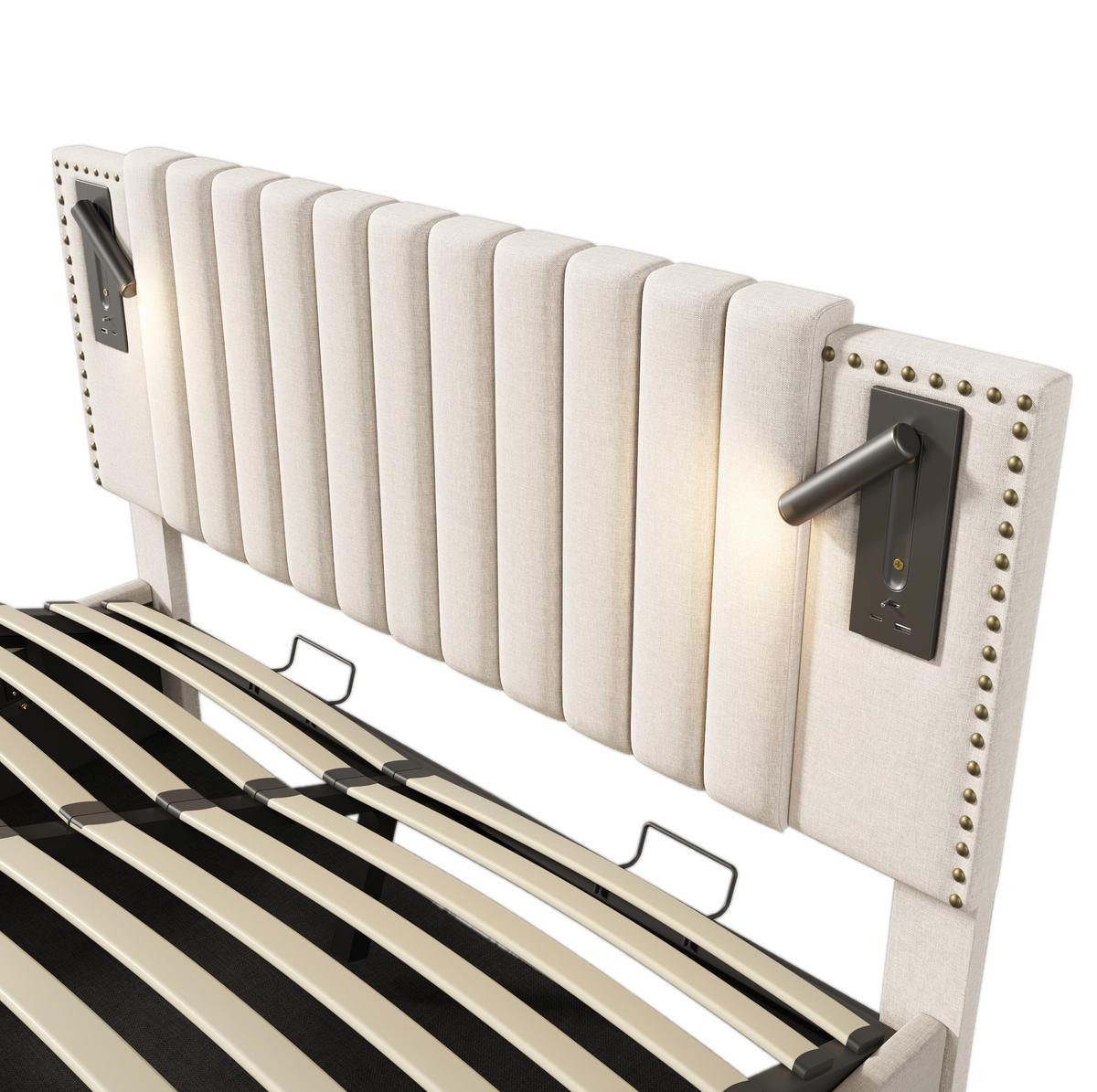 POLSTERBETT aus Baumwolle 140x200 cm in Beige mit Leselicht & USB-C - Beige, Textil (140/200cm) - Modfu