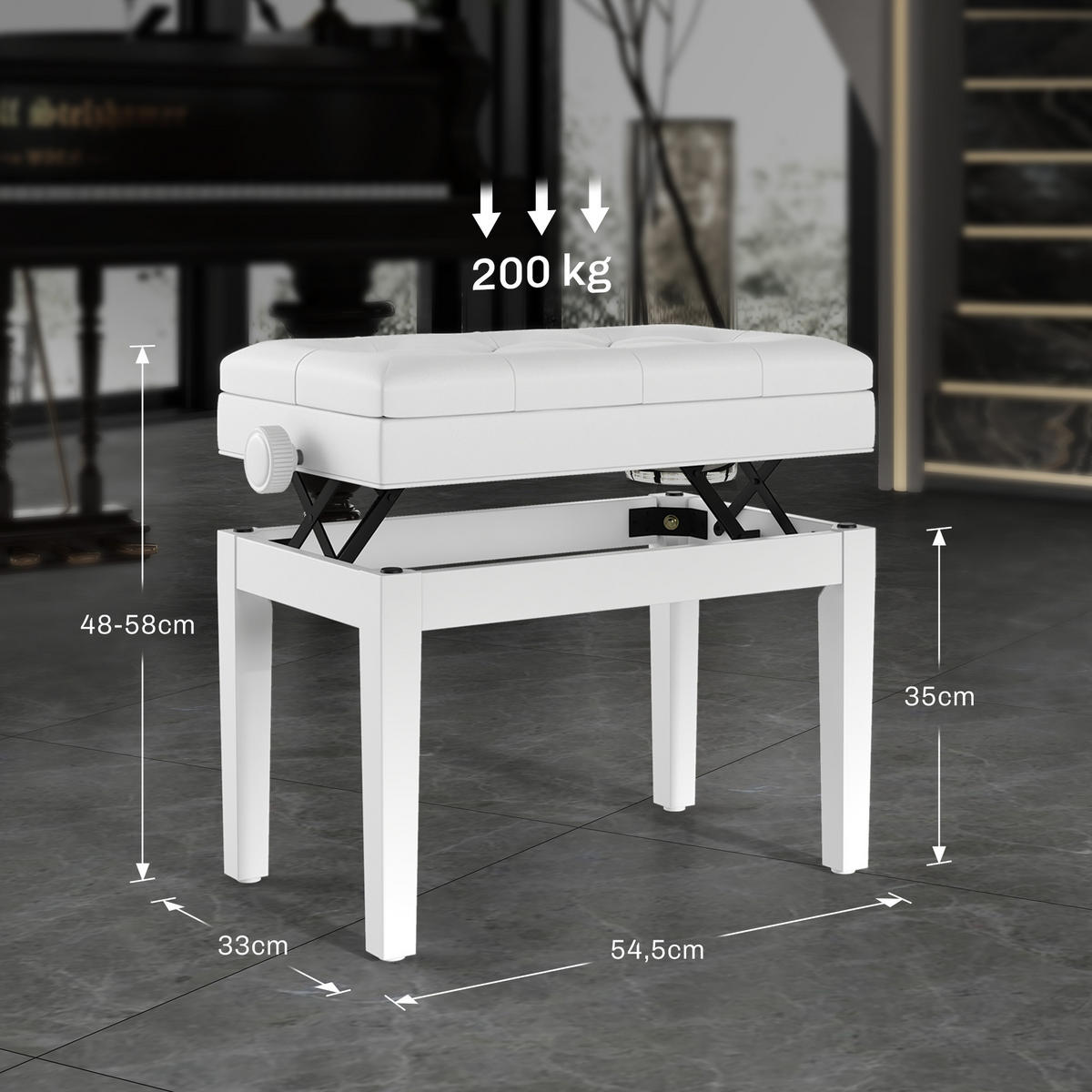 KLAVIERBANK Gummiholz Kunstleder Weiß - Weiß, Holz/Kunststoff (33/58/54.5cm) - HOMCOM