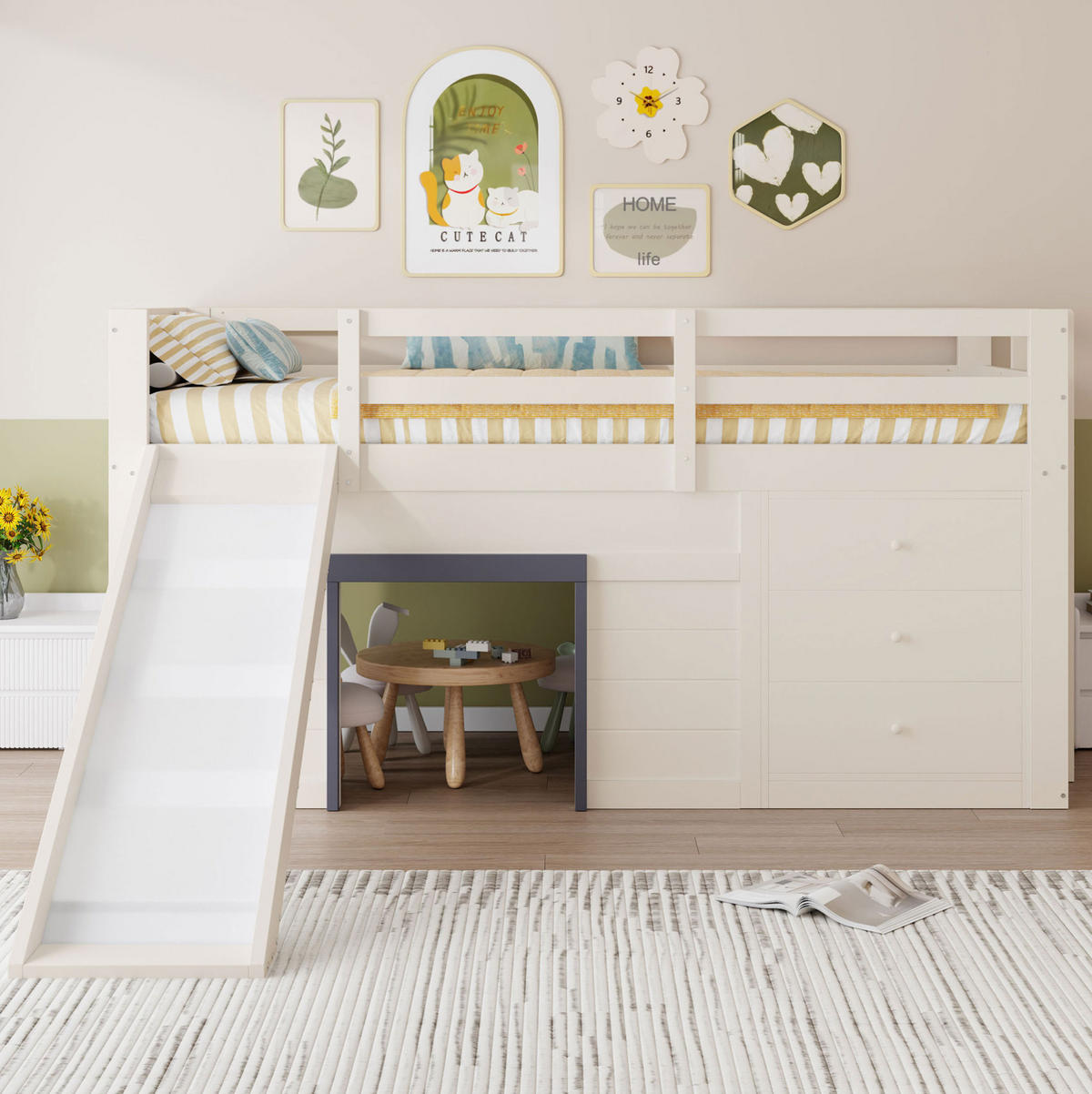 VISOKA postelja 90/200 cm krem iz MDF in bora s toboganom ter 3 predali in 2 vrati - bela, leseni material (90/200cm) - OKWISH