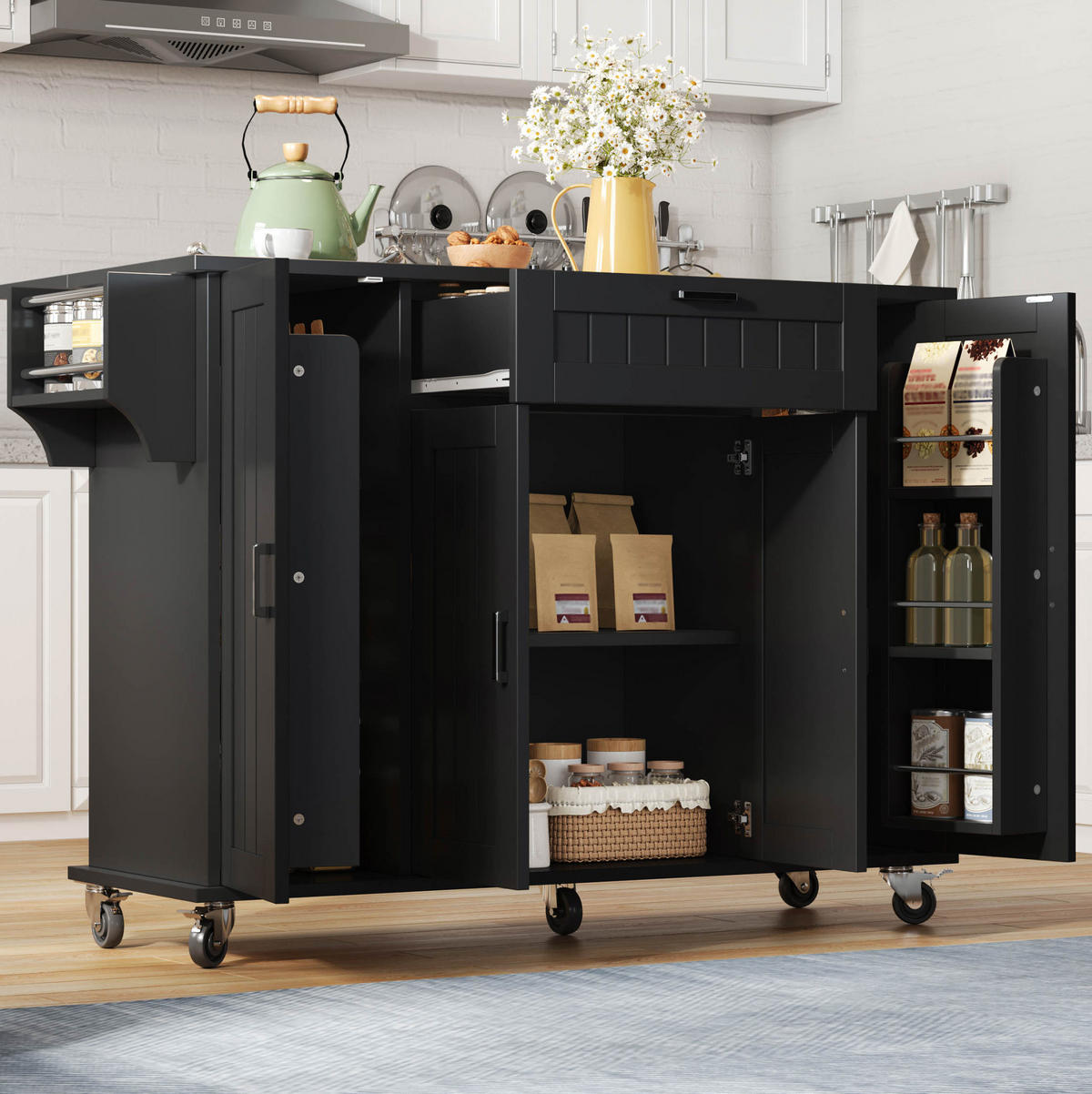 KÜCHENINSEL 120/95/45(70) cm Schwarz aus MDF mit klappbarer Arbeitsplatte - Schwarz, Holzwerkstoff (70/95/120cm) - OKMYHOME