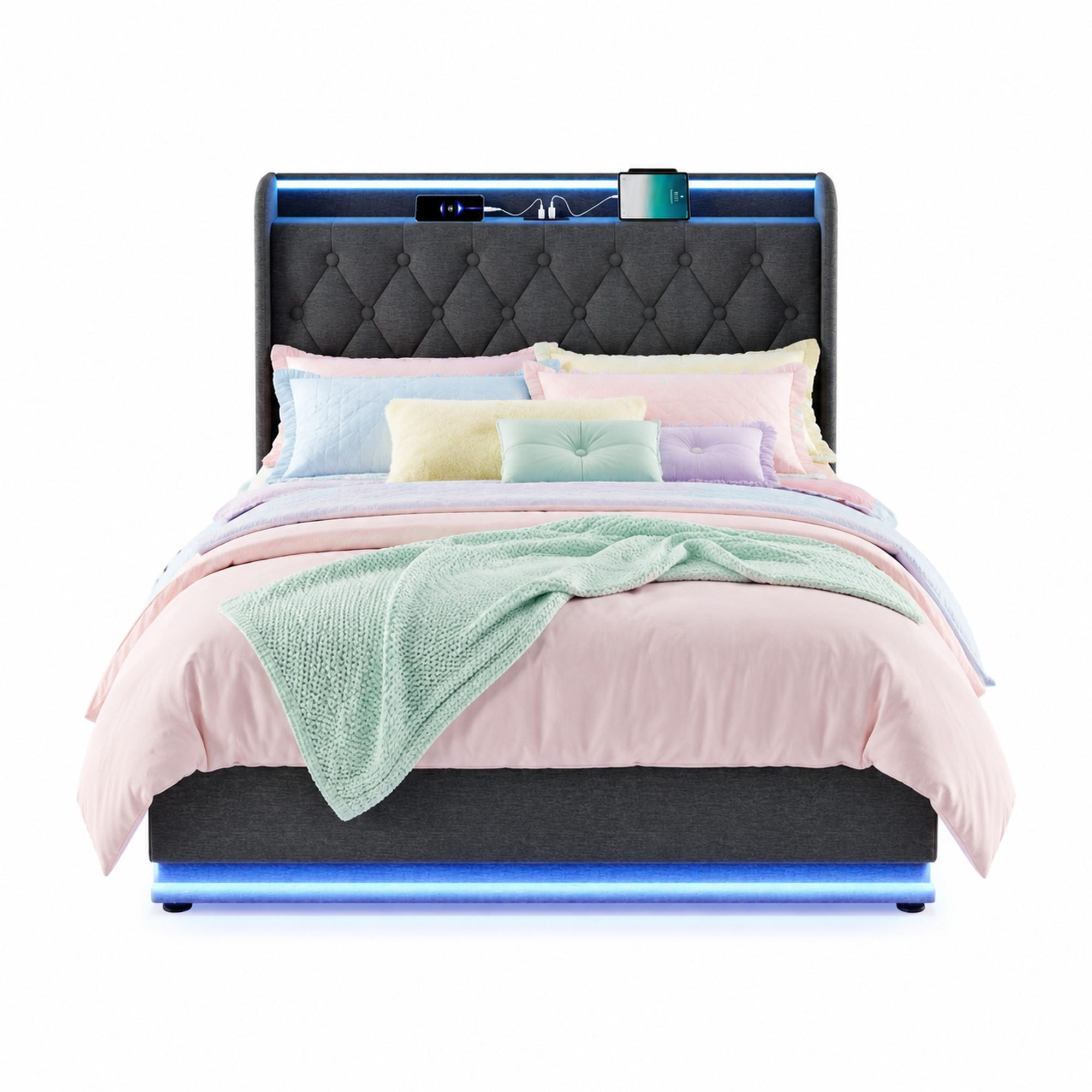 POLSTERBETT 160/200 mit Bettkasten, LED und USB in Grau - Grau, Holzwerkstoff/Textil (160/200cm) - EVRYAE