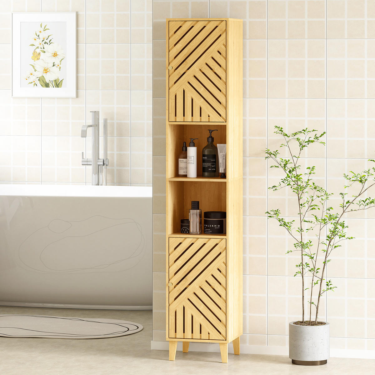 HOCHSCHRANK DE-12485 32/30/170 cm mit Bambustüren Naturholz - Naturfarben, Holzwerkstoff (30/170/32cm) - ComfortXL