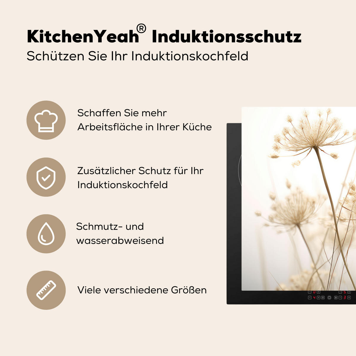 HERDABDECKPLATTE Blumen - Weiß - Sonnenlicht Herdabdeckung Induktionsfeld 75x52 cm - Ecru, Kunststoff (75/52/0.2cm) - MuchoWow