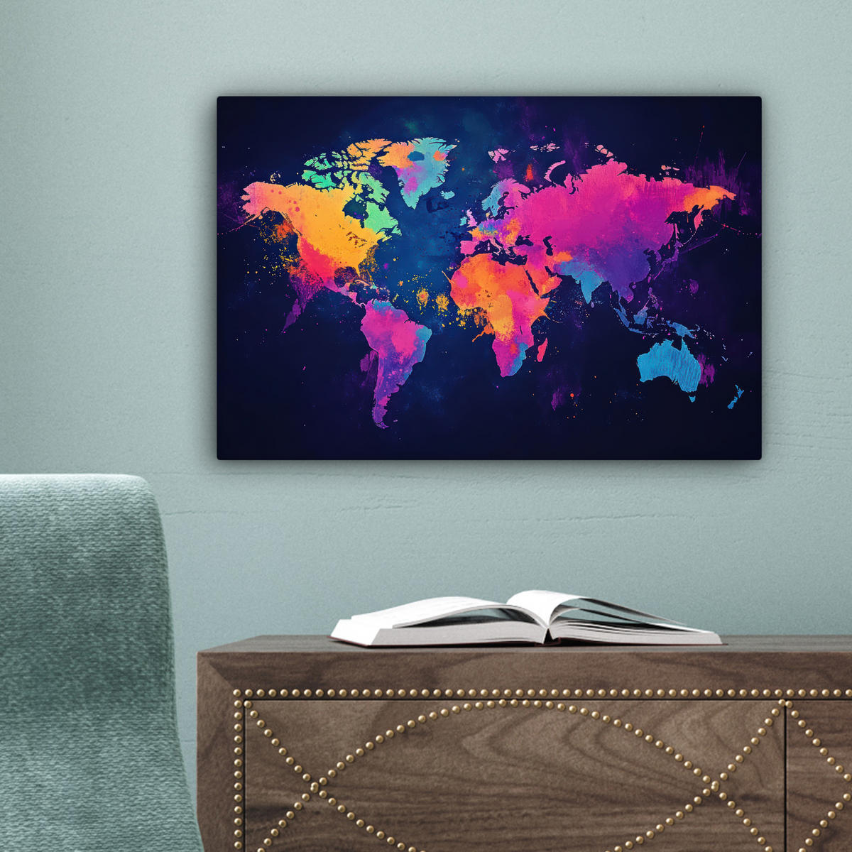 LEINWANDBILD Weltkarte - Bunt - Graffiti Deko Schlafzimmer 30x20 cm - Multicolor, Textil (30/20cm) - MuchoWow