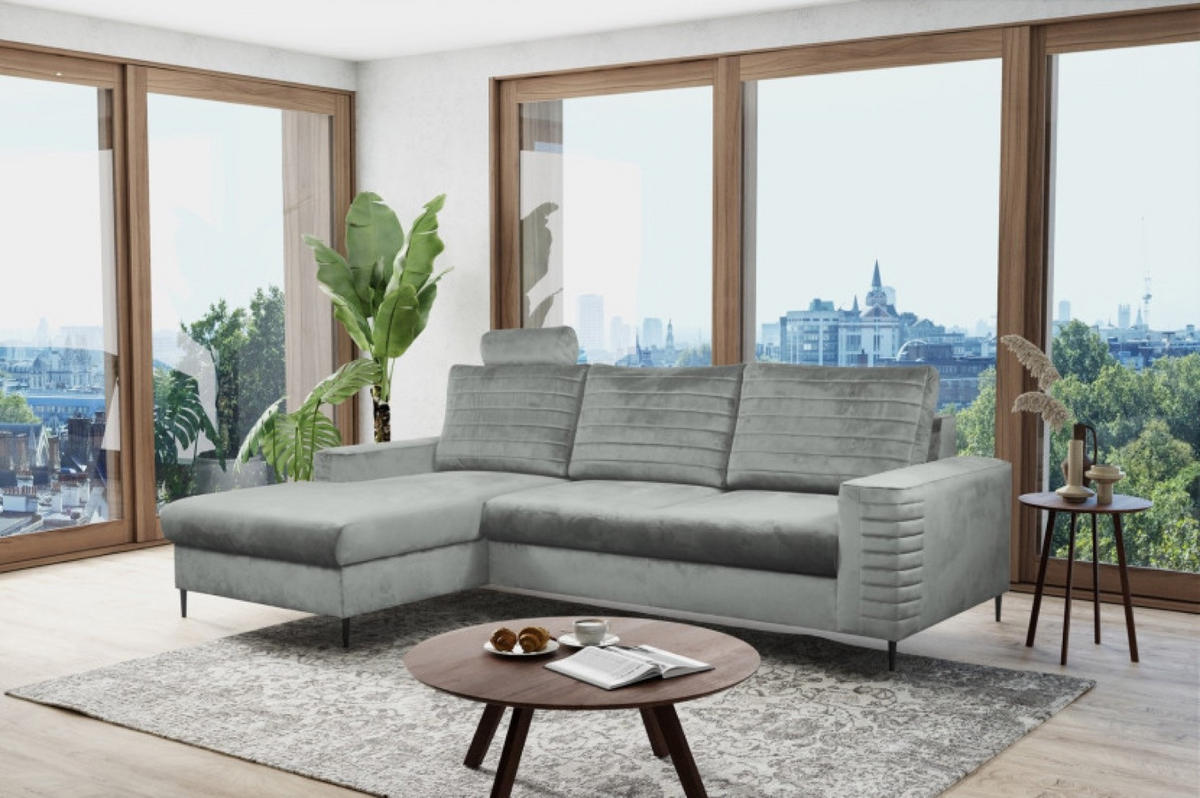 ECKSOFA Grau OLI Ausziehbar Mit Kopfstütze Und Bettkasten Links - Grau, Textil (253/165cm) - Sepro Meble