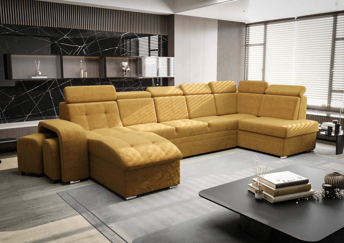 WOHNLANDSCHAFT KONGO RBN13, Eckcouch in U-Form mit Schlaffunktion, Farbe: Gelb, Velourstoff, Ottomane Links - Gelb, Textil (392/108/180cm) - O-Sofa