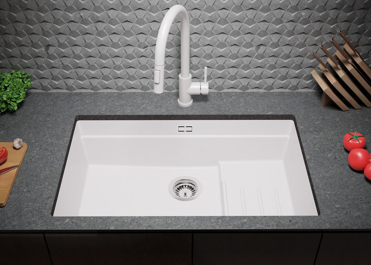 UNTERBAUSPÜLE GRANIT Praga, 2-er set Weiß 76/47 cm 1 Becken + Ablauf-Set + Aufrollbare Abtropffläche ab 80er Unterschrank - Chromfarben/Weiß, Kunststoff (76/20/47cm) - Primagran