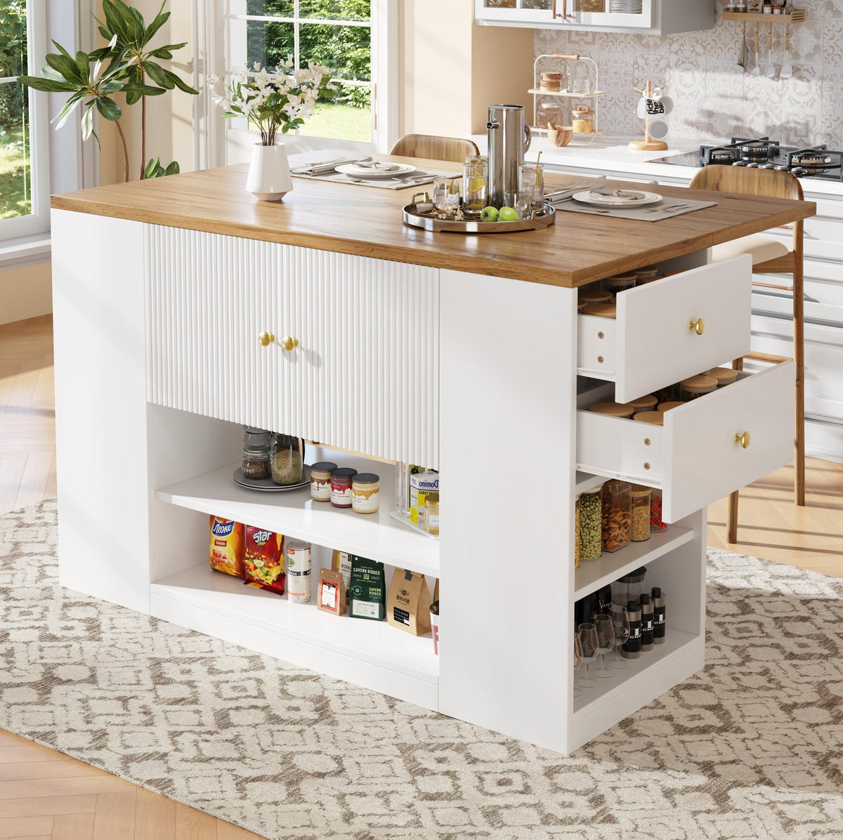 KÜCHENINSEL aus MDF mit klappbarer Tischplatte & Stauraum, 140/40/90 cm, Weiß - Weiß, Holzwerkstoff (40/90/140cm) - Redom