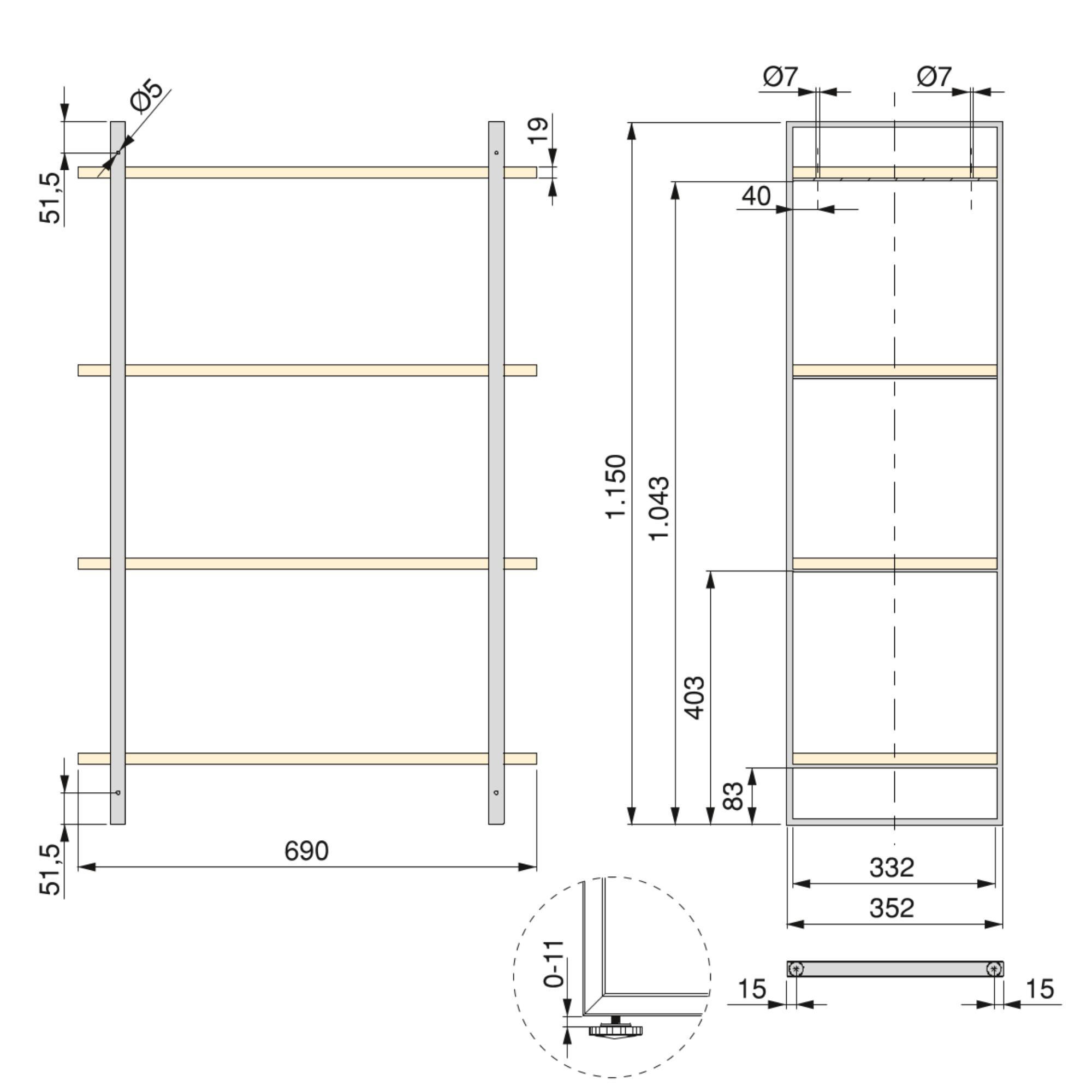 REGAL Set mit Rahmen und Fachböden, Höhe 1150mm, Stahl, Schwarzer lackiert und Holz - Schwarz, Metall (0.5/115/33.2cm) - EMUCA