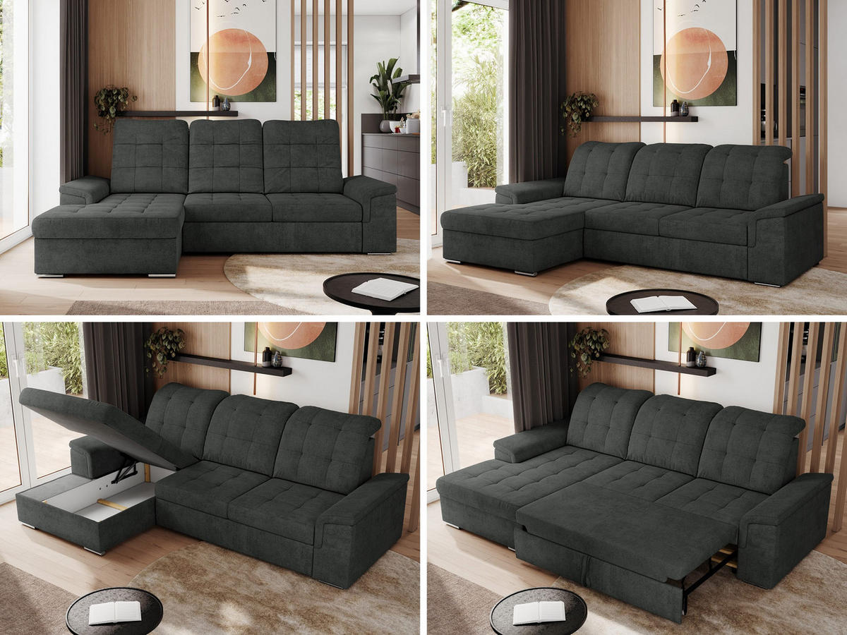 ECKSOFA MADRITO L - Dunkelgrau Struktur - Links - Dunkelgrau/Silberfarben, Textil/Metall (160/256cm)