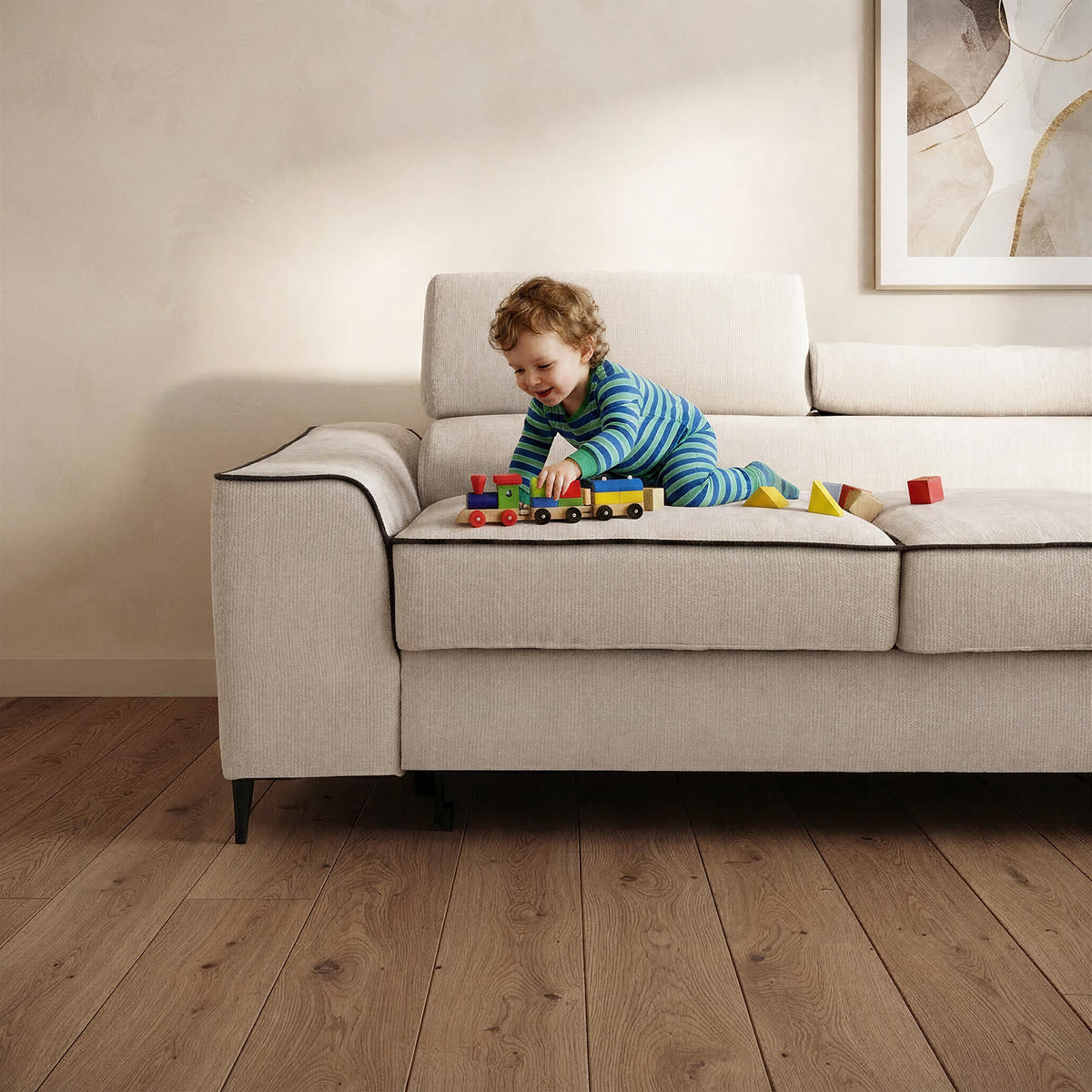 ECKSOFA EVER L Rechts mit Schlaffunktion 193x126 Chenille Beige - Beige/Schwarz, Holz/Textil (204/267cm) - Muffo