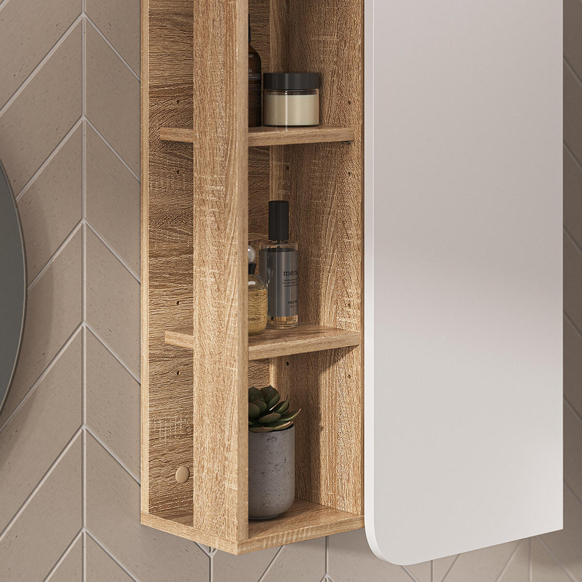 BADSCHRANK Karen Sonoma/Weiß 50 x 75 cm mit Tür und offenen Fächern - Weiß/Sonoma Eiche, Holzwerkstoff (50/75/20cm) - Vicco