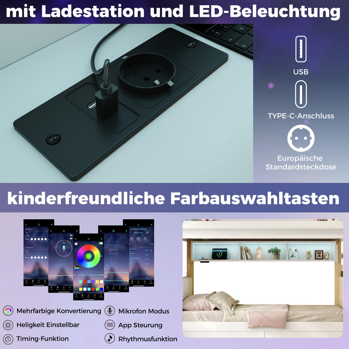 ETAGENBETT aus Kiefernholz und MDF 90x200+90x200 cm Weiß mit hydraulischem Unterbett, LED-Licht und Stauraumtreppe - Weiß, Holz (90/200cm) - Modfu
