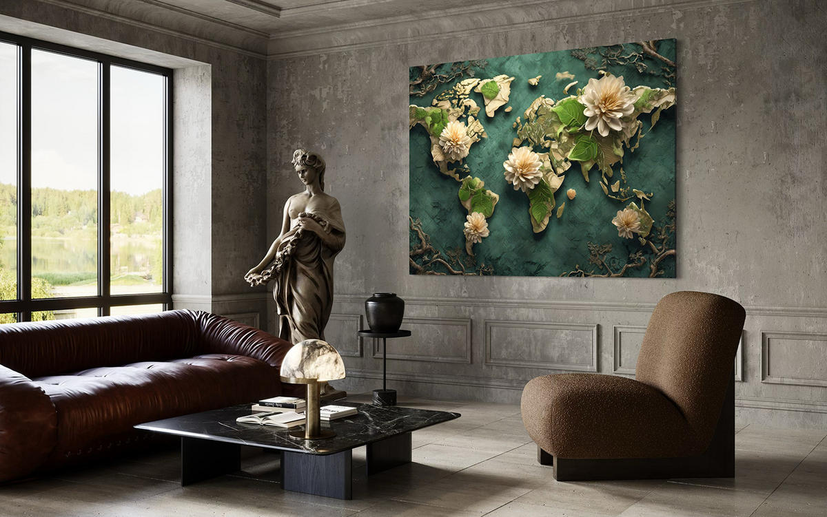 WANDBILD blumen weltkarte weiß - Grün, Textil (60/40cm) - Feeby