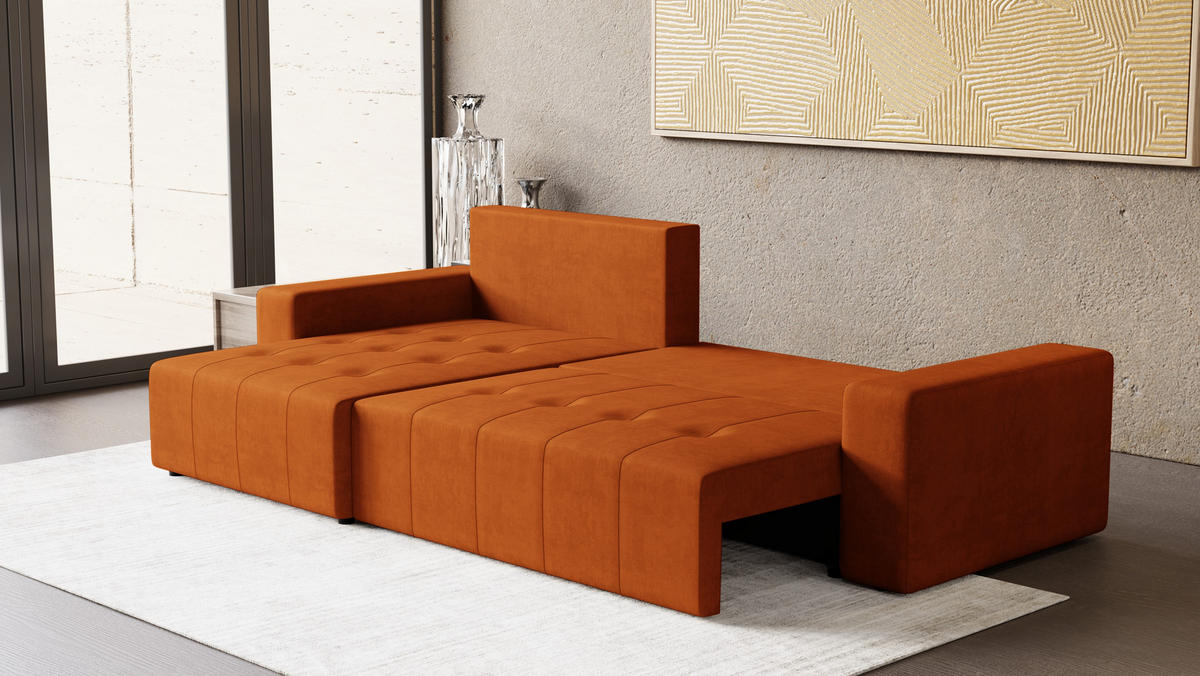 ECKSOFA Tico mit Bettkasten und Schlaffunktion, L-Form/XL-Form, Velourstoff, Universal - Rostfarben, Holzwerkstoff (276/145cm) - 4ALL HOME