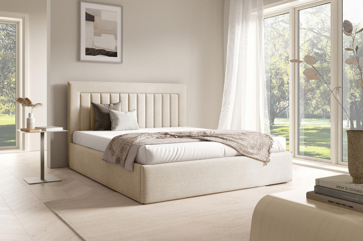 POLSTERBETT BEA I mit Bettkasten 180x200,Doppelbett mit Stauraum,Lattenrost,Boxspringbett-Optik,ohne Matratze Creme - Creme, Holz (180/200cm) - Furnistar