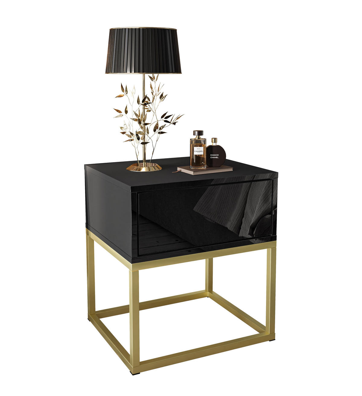 NACHTTISCH BLANCO GOLD II auf goldenem Gestell Schwarz Hochglanz - Schwarz Hochglanz, Holzwerkstoff (45/52/36.5cm) - Lookway